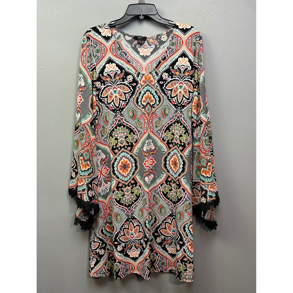 MSK Dress Women Large Multicolor Paisley Bell Sleeve Crochet Trim Boho Shift